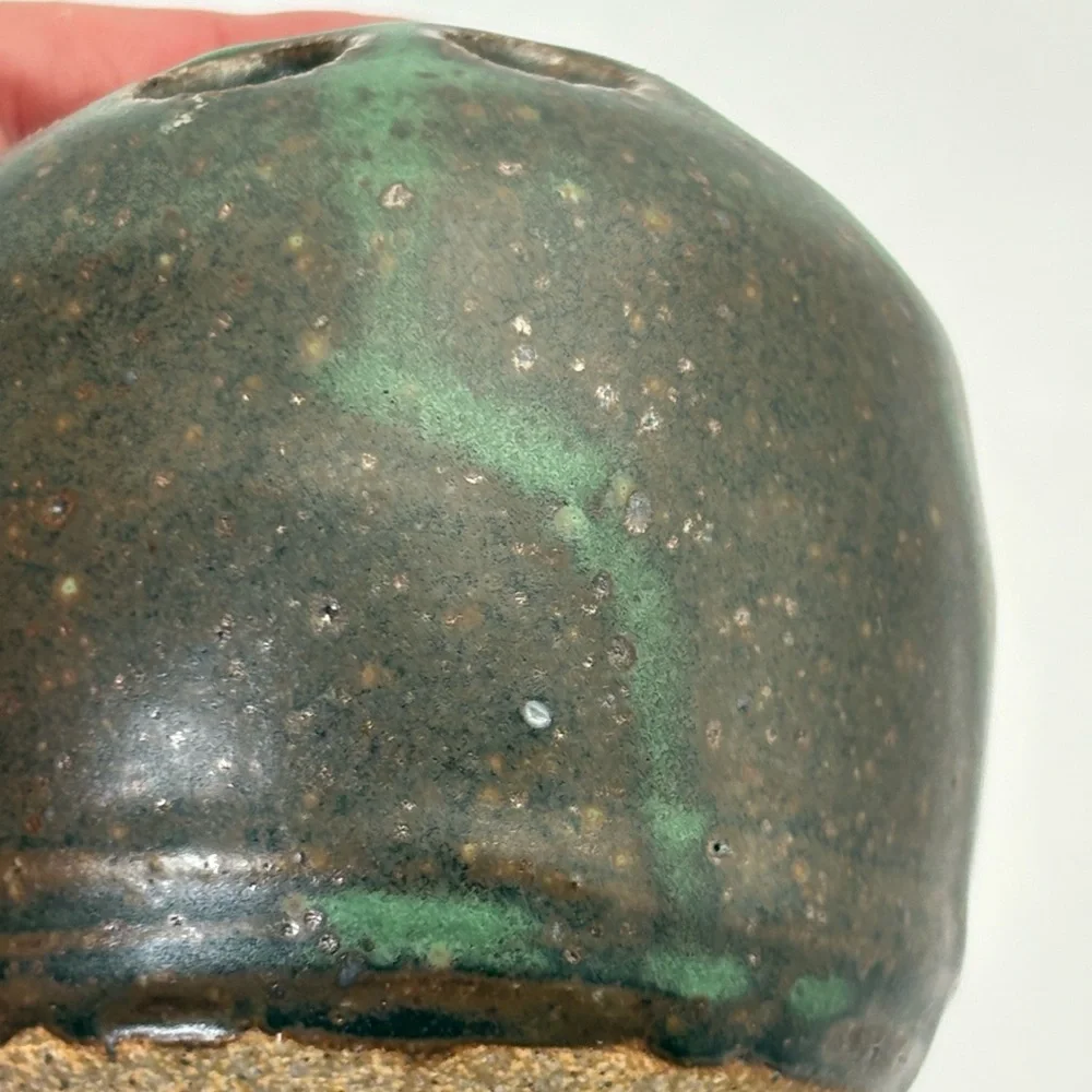 Vintage Signed Handcrafted Pottery Green and Brown Glaze Flower Frog/Vase